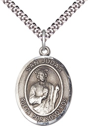 [7060SPSS/24S] Sterling Silver San Judas Pendant on a 24 inch Light Rhodium Heavy Curb chain
