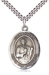 [7060SPSS/24S] Sterling Silver San Judas Pendant on a 24 inch Light Rhodium Heavy Curb chain