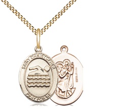 [8157GF/18G] 14kt Gold Filled Saint Christopher Swimming Pendant on a 18 inch Gold Plate Light Curb chain