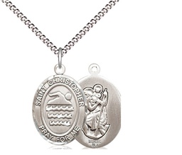 [8157SS/18S] Sterling Silver Saint Christopher Swimming Pendant on a 18 inch Light Rhodium Light Curb chain