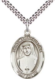 [7069SS/24S] Sterling Silver Saint Maria Faustina Pendant on a 24 inch Light Rhodium Heavy Curb chain