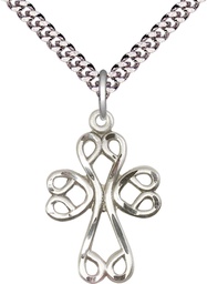 [5998SS/24S] Sterling Silver Scroll Cross Pendant on a 24 inch Light Rhodium Heavy Curb chain