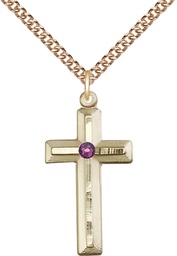 [6000GF-STN2/24GF] 14kt Gold Filled Cross Pendant with a 3mm Amethyst Swarovski stone on a 24 inch Gold Filled Heavy Curb chain