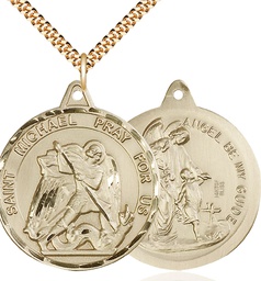 [0201RGF/24G] 14kt Gold Filled Saint Michael Guardian Angel Pendant on a 24 inch Gold Plate Heavy Curb chain