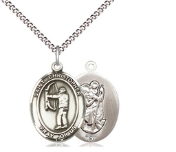 [8190SS/18S] Sterling Silver Saint Christopher Archery Pendant on a 18 inch Light Rhodium Light Curb chain