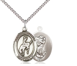[8192SS/18S] Sterling Silver Saint Christopher Rodeo Pendant on a 18 inch Light Rhodium Light Curb chain