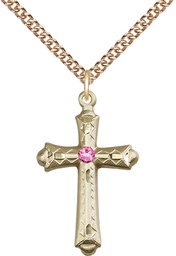 [6007GF-STN10/24GF] 14kt Gold Filled Cross Pendant with a 3mm Rose Swarovski stone on a 24 inch Gold Filled Heavy Curb chain