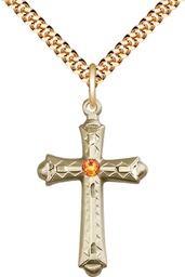 [6007GF-STN11/24G] 14kt Gold Filled Cross Pendant with a 3mm Topaz Swarovski stone on a 24 inch Gold Plate Heavy Curb chain