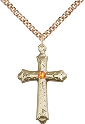 [6007GF-STN11/24GF] 14kt Gold Filled Cross Pendant with a 3mm Topaz Swarovski stone on a 24 inch Gold Filled Heavy Curb chain