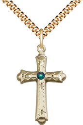 [6007GF-STN5/24G] 14kt Gold Filled Cross Pendant with a 3mm Emerald Swarovski stone on a 24 inch Gold Plate Heavy Curb chain