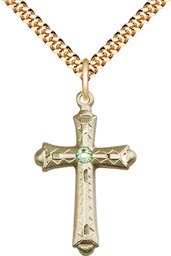 [6007GF-STN8/24G] 14kt Gold Filled Cross Pendant with a 3mm Peridot Swarovski stone on a 24 inch Gold Plate Heavy Curb chain