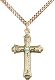 [6007GF-STN8/24GF] 14kt Gold Filled Cross Pendant with a 3mm Peridot Swarovski stone on a 24 inch Gold Filled Heavy Curb chain