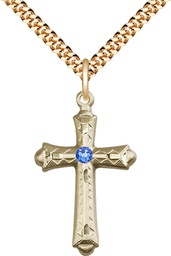 [6007GF-STN9/24G] 14kt Gold Filled Cross Pendant with a 3mm Sapphire Swarovski stone on a 24 inch Gold Plate Heavy Curb chain