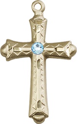 [6007KT-STN3] 14kt Gold Cross Medal with a 3mm Aqua Swarovski stone
