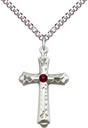 [6007SS-STN1/24SS] Sterling Silver Cross Pendant with a 3mm Garnet Swarovski stone on a 24 inch Sterling Silver Heavy Curb chain