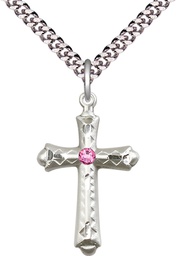 [6007SS-STN10/24S] Sterling Silver Cross Pendant with a 3mm Rose Swarovski stone on a 24 inch Light Rhodium Heavy Curb chain