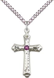 [6007SS-STN2/24SS] Sterling Silver Cross Pendant with a 3mm Amethyst Swarovski stone on a 24 inch Sterling Silver Heavy Curb chain