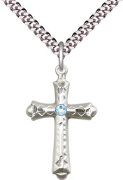 [6007SS-STN3/24S] Sterling Silver Cross Pendant with a 3mm Aqua Swarovski stone on a 24 inch Light Rhodium Heavy Curb chain