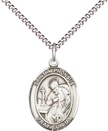 [8221SS/18S] Sterling Silver Saint Alphonsus Pendant on a 18 inch Light Rhodium Light Curb chain