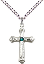 [6007SS-STN5/24SS] Sterling Silver Cross Pendant with a 3mm Emerald Swarovski stone on a 24 inch Sterling Silver Heavy Curb chain