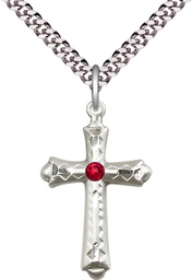 [6007SS-STN7/24S] Sterling Silver Cross Pendant with a 3mm Ruby Swarovski stone on a 24 inch Light Rhodium Heavy Curb chain