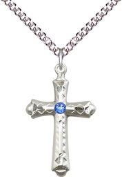 [6007SS-STN9/24SS] Sterling Silver Cross Pendant with a 3mm Sapphire Swarovski stone on a 24 inch Sterling Silver Heavy Curb chain