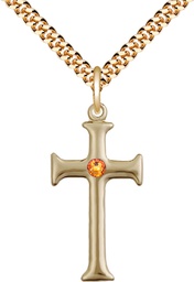 [6008GF-STN11/24G] 14kt Gold Filled Cross Pendant with a 3mm Topaz Swarovski stone on a 24 inch Gold Plate Heavy Curb chain