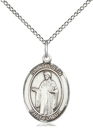 [8052SS/18SS] Sterling Silver Saint Justin Pendant on a 18 inch Sterling Silver Light Curb chain
