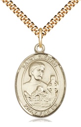 [7367GF/24G] 14kt Gold Filled Saint Kieran Pendant on a 24 inch Gold Plate Heavy Curb chain
