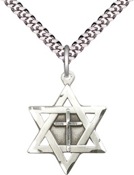[1210YSS/24S] Sterling Silver Star of David w/ Cross Pendant on a 24 inch Light Rhodium Heavy Curb chain