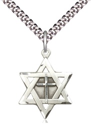 [1210YSS/24S] Sterling Silver Star of David w/ Cross Pendant on a 24 inch Light Rhodium Heavy Curb chain