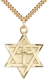 [1212YGF/24G] 14kt Gold Filled Star of David w/ Cross Pendant on a 24 inch Gold Plate Heavy Curb chain