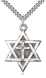 [1212YSS/24S] Sterling Silver Star of David w/ Cross Pendant on a 24 inch Light Rhodium Heavy Curb chain