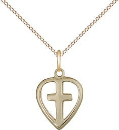 [1709GF/18GF] 14kt Gold Filled Heart Cross Pendant on a 18 inch Gold Filled Light Curb chain