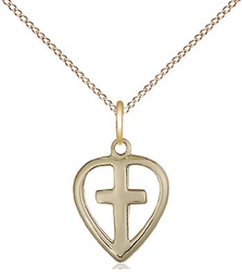 [1709GF/18GF] 14kt Gold Filled Heart Cross Pendant on a 18 inch Gold Filled Light Curb chain