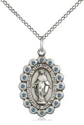 [2009ASS/18SS] Sterling Silver Miraculous Pendant with Aqua Swarovski stones on a 18 inch Sterling Silver Light Curb chain