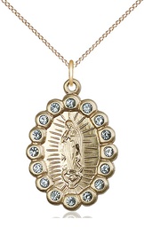 [2009FAGF/18GF] 14kt Gold Filled Our Lady of Guadalupe Pendant with Aqua Swarovski stones on a 18 inch Gold Filled Light Curb chain