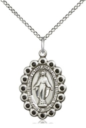 [2009JTSS/18SS] Sterling Silver Miraculous Pendant with Jet Swarovski stones on a 18 inch Sterling Silver Light Curb chain