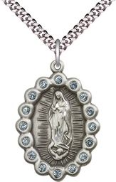 [2010FASS/24S] Sterling Silver Our Lady of Guadalupe Pendant on a 24 inch Light Rhodium Heavy Curb chain