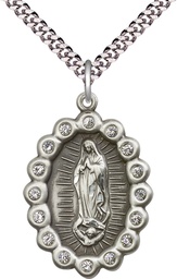 [2010FCSS/24S] Sterling Silver Our Lady of Guadalupe Pendant on a 24 inch Light Rhodium Heavy Curb chain