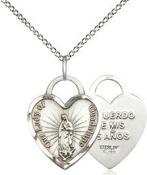 [3209SS/18SS] Sterling Silver Our Lady of Guadalupe Heart Recuerdo Pendant on a 18 inch Sterling Silver Light Curb chain