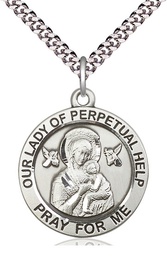 [4077SS/24S] Sterling Silver Our Lady of Perpetual Help Pendant on a 24 inch Light Rhodium Heavy Curb chain