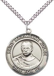 [7073RDSS/24SS] Sterling Silver Saint Maximilian Kolbe Pendant on a 24 inch Sterling Silver Heavy Curb chain
