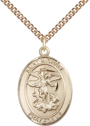 [7076GF/24GF] 14kt Gold Filled Saint Michael the Archangel Pendant on a 24 inch Gold Filled Heavy Curb chain
