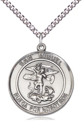 [7076RDSPSS/24SS] Sterling Silver San Miguel Arcangel Pendant on a 24 inch Sterling Silver Heavy Curb chain