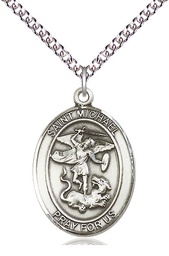 [7076SS/24SS] Sterling Silver Saint Michael the Archangel Pendant on a 24 inch Sterling Silver Heavy Curb chain