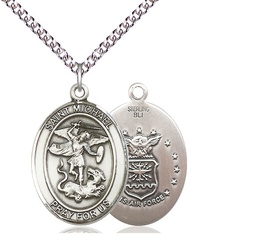 [7076SS1/24SS] Sterling Silver Saint Michael Air Force Pendant on a 24 inch Sterling Silver Heavy Curb chain