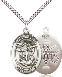 [7076SS10/24SS] Sterling Silver Saint Michael EMT Pendant on a 24 inch Sterling Silver Heavy Curb chain