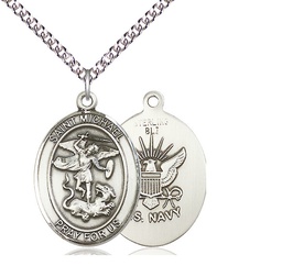 [7076SS6/24SS] Sterling Silver Saint Michael Navy Pendant on a 24 inch Sterling Silver Heavy Curb chain
