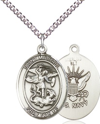 [7076SS6/24SS] Sterling Silver Saint Michael Navy Pendant on a 24 inch Sterling Silver Heavy Curb chain